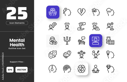 Mental Health Icon Set Collection - Outline Line Art Style. Containing Support, Alzheimer, Anger, Anxiety, Bipolar Disorder, Brilliant, Broken Heart, Consultation, Dementia, Eating Disorder.