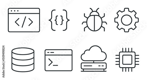 Programming and development icons set – linear, coding and tech design elements