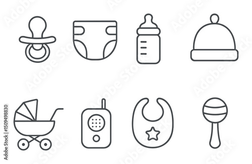 Baby care essentials linear icons set – outline, infant and newborn symbols