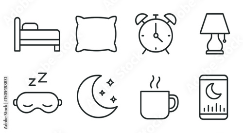 Sleep essentials outline icons set – bedtime, relaxation and nighttime symbols