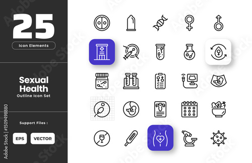 Sexual Health Icon Set Collection - Outline Line Art Style. Cell Division, Condoms, DNA, Female, Fertilization, Fertilization Test, Fetus, Gynecology, Healthy Food, Hospital, In Vitro Fertilization.
