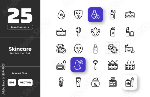 Skincare Icon Set Collection - Outline Line Art Style. Contain Acne, Aloe Vera, Blackhead, Chemical Free, Cologne Bottle, Cucumber, Electric Razor, Essential Oil, Face Mask, Face Powder, Hair Follicle