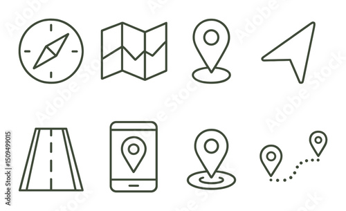 Navigation linear icons set – outline, mapping and direction symbols for apps