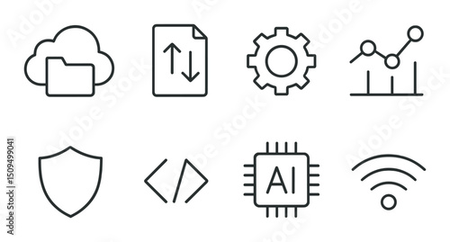 Digital technology line icons set – includes tech, network and ai symbols