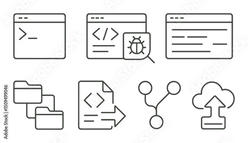 Coding and development outline icons set – linear, programming and tech symbols