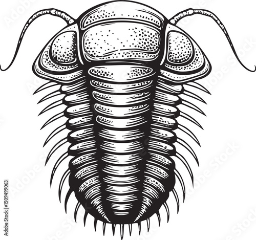 detailed monochrome showcases a segmented creature with intricate textures and prominent appendages.