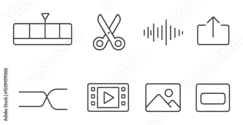 Video editing linear icons set – outline, multimedia and film production symbols