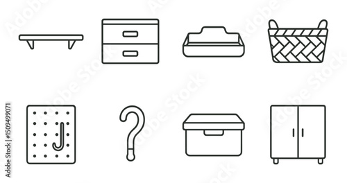 Home organization linear icons set – tidy, declutter, and minimalist symbols