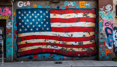 American flag mural with graffiti and grunge texture