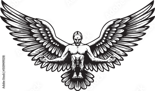 muscular figure with expansive wings rises powerfully against a stark white background.