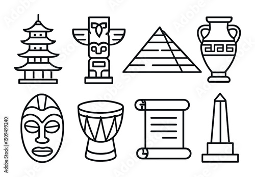 Cultural heritage silhouette icons set – outline, tradition and history symbols
