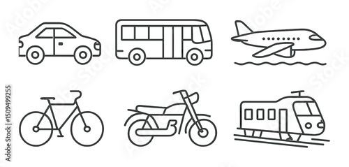 Transport linear icons set – outline, vehicles and transit representation