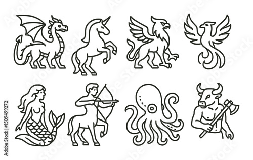 Mythical creatures outline icons set – silhouette, fantasy and legend symbols