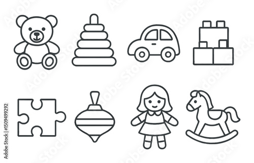 Toy and games linear icons set – outline, children's playtime and fun symbols