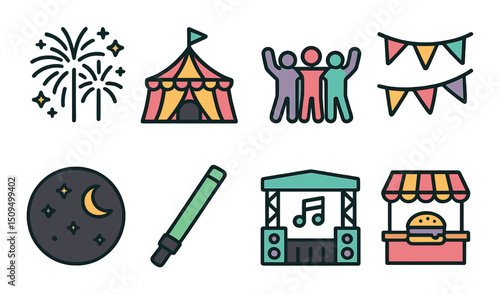 Festival and celebration icons set – outline, party, event symbols for fun design