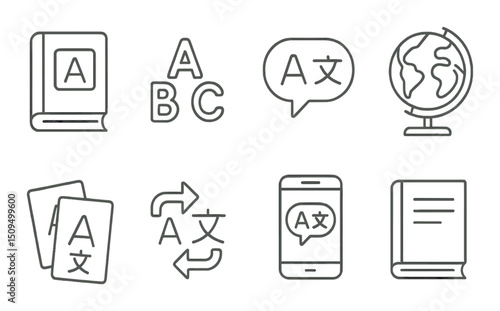 Language learning outline icons set – education, communication, study symbols