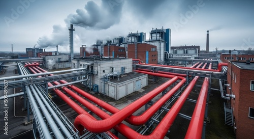 Industrial complex with red piping system and smoke stacks. Heating plant providing city water system and modern energy infrastructure for district heating.
