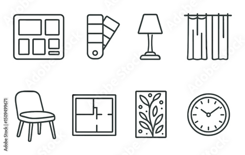 Interior design linear icons set – outline, home decor and furnishing symbols