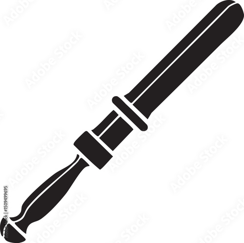 black silhouette of a sharp-edged knife is displayed against a white background.