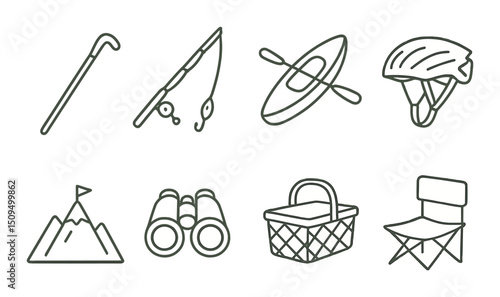 Adventure and outdoor linear icons set – outline, exploration and hiking symbols