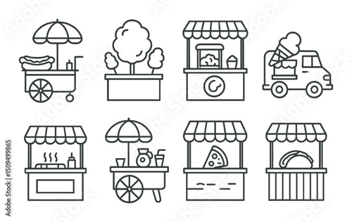 Festival food line icons set – outline, street eats and snack cart symbols