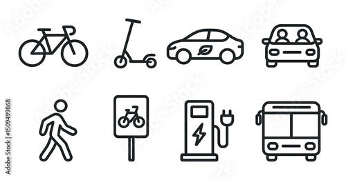 Eco friendly transit linear icons set – outline, sustainability and green transport symbols