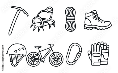 Mountain gear silhouette icons set – outdoor, camping and adventure equipment symbols