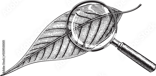 detailed leaf is being examined with a magnifying glass.