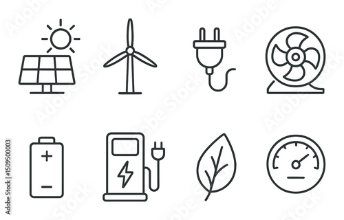 Sustainable energy linear icons set – outline, renewable and eco-friendly symbols