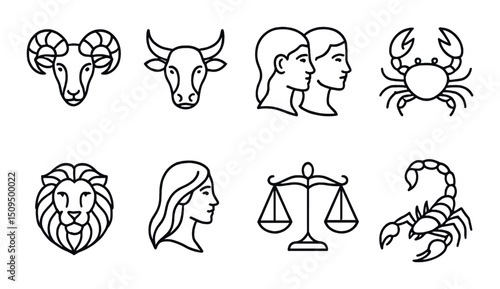 Zodiac linear icons set – outline, astrological and horoscope symbols