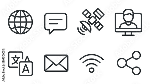 Global communication outline icons set – connect, network and digital symbols