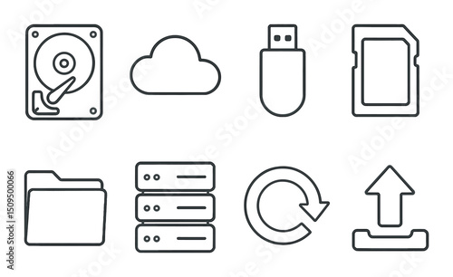 Digital storage outline icons set – cloud, backup and data management graphics