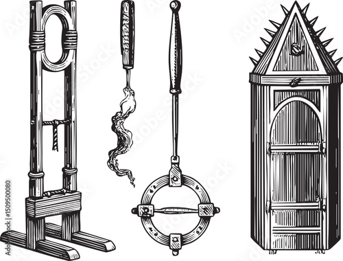 wooden rack with a metal device and a spiked structure stands as a stark reminder of historical punishment.