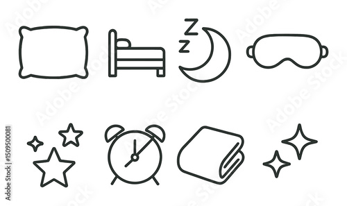 Sleep essentials line icons set – outline, bedtime and rest iconography