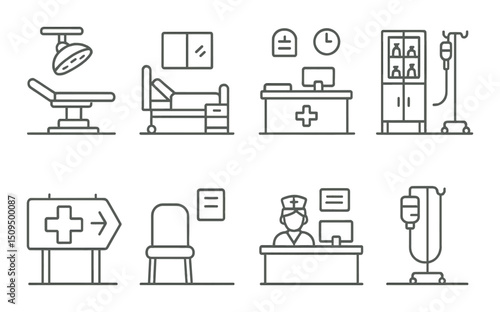 Hospital and medical linear icons set – outline, healthcare and clinic symbols
