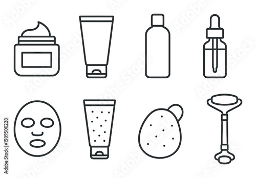 Skincare line icons set – outline, beauty, wellness symbols for cosmetic routines