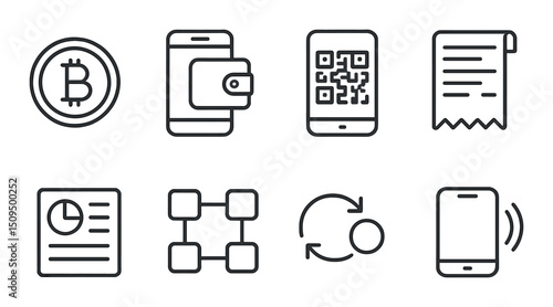 Digital finance linear icons set – outline, cryptocurrency and banking symbols