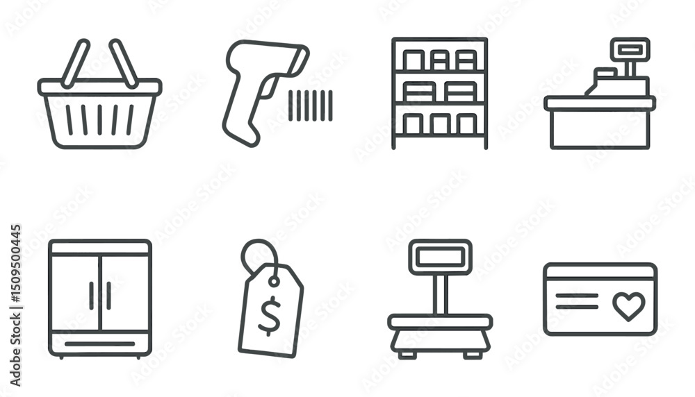 Supermarket outline icons set – grocery, shopping and retail symbols for stores Supermarket outline icons set – grocery, shopping and retail symbols for stores