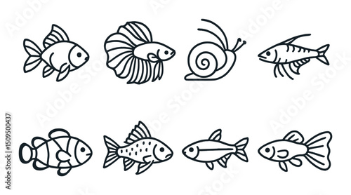 Aquarium and marine life outline icons set – aquatic, sea life, fish symbols