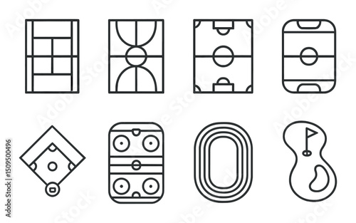 Sport courts linear icons set – outline, recreation and athletics design elements