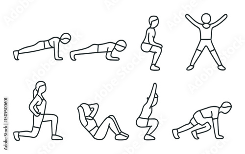 Workout and fitness line icons set – linear, exercise and gym activity symbols