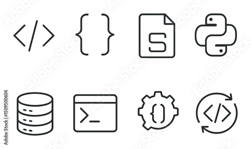 Coding and programming outline icons set – linear, tech and development symbols