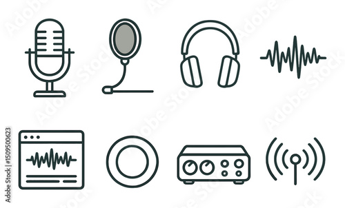 Podcasting tools outline icons set – equipment, audio, recording essentials