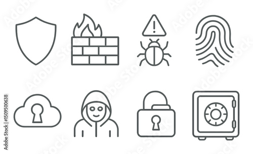 Digital security linear icons set – outline, cyber protection and encryption symbols