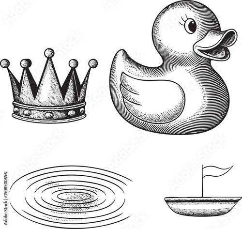 rubber duck wears a detailed golden crown beside a small boat and ripples.