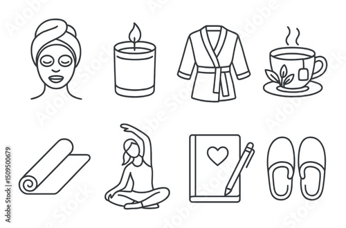 Self care outline icons set – wellness, relaxation, lifestyle symbols collection