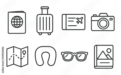 Travel essentials outline icons set – vacation, trip, and journey symbols