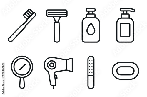 Personal care essentials outline icons set – hygiene, grooming and beauty symbols