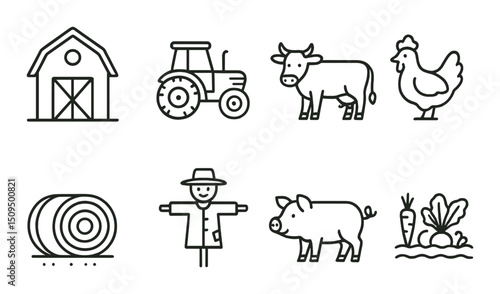 Farm and agriculture linear icons set – outline, farming and rural life symbols