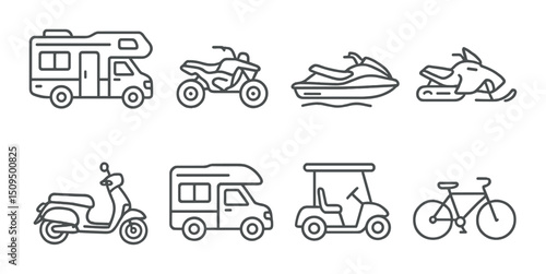 Recreational vehicle icons set – outline, rv, and leisure transportation symbols